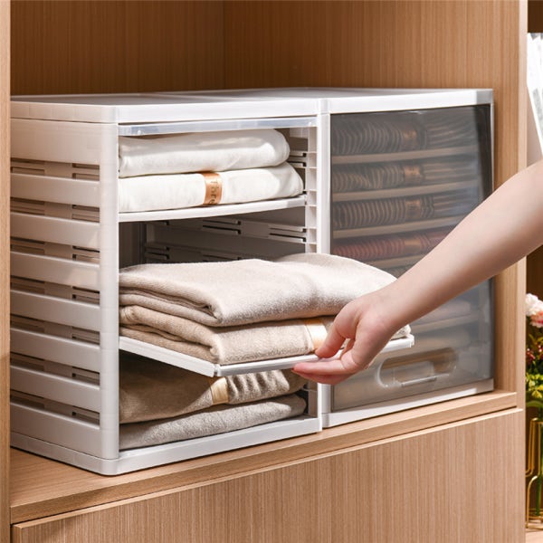 슬라이딩 도어형 리빙박스 옷정리함 수납정리함 니트 바지 티셔츠 트레이 펜트리 보관함 3칸