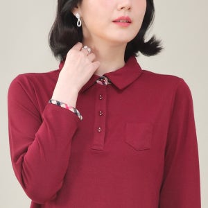 엄마옷 바른 셔츠 카라 체크배색 기본 단추 여성 봄 가을 겨울 긴팔 블라우스 B01332