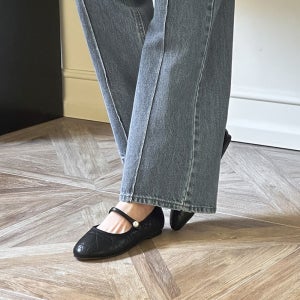 퀼팅 진주스트랩 메리제인플랫 (1cm, 블랙 베이지)