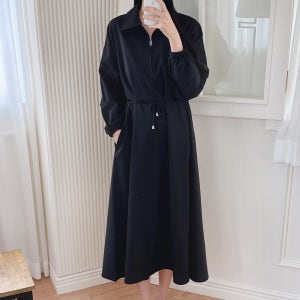 카라 아노락 원피스 허리 스트링 프라다원단 오버핏 가을 롱원피스 바스락 검정 베이지 카키