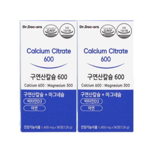 <b>닥터닥터스</b> 구연산칼슘 600 마그네슘 <b>비타민D3</b> 아연 90정x2