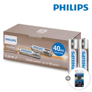 필립스 알카라인 AA 건전지 40개입+CR2032 2개입