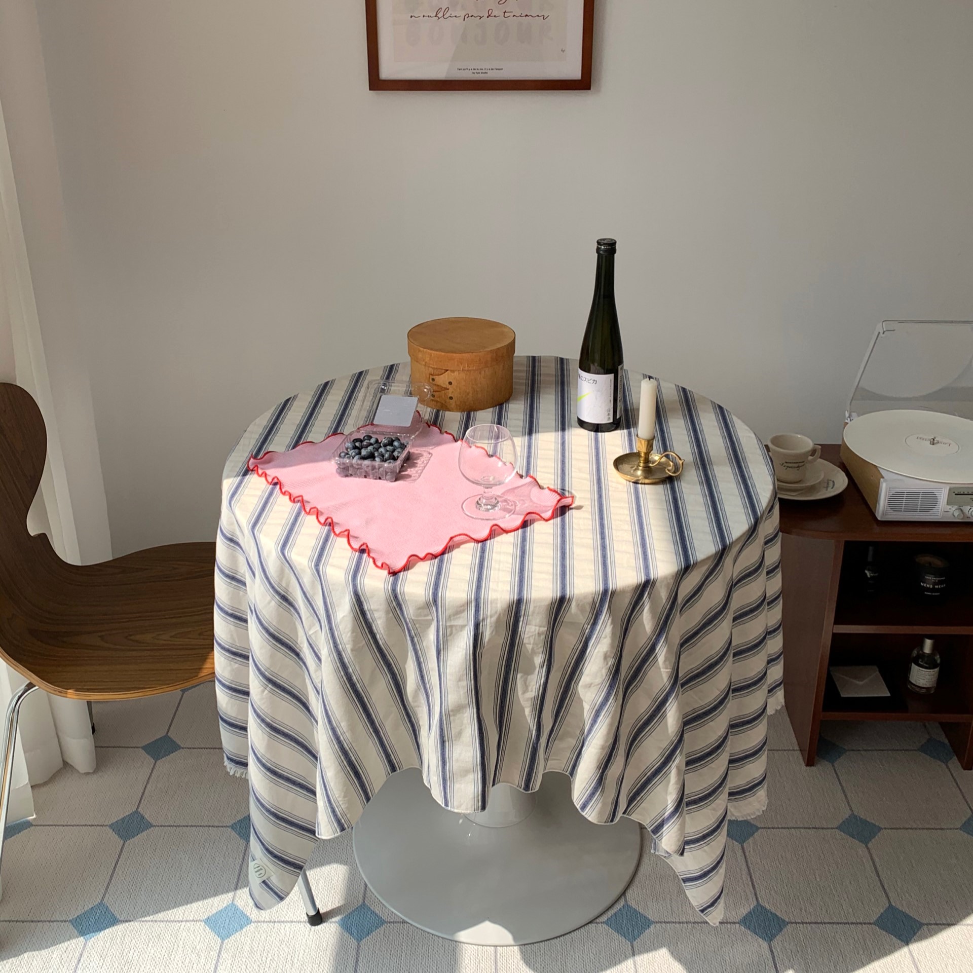 감성 주방 식탁보 테이블보 다회용 커튼 돗자리 홈카페 테슬 블루 스트라이프 인테리어 천