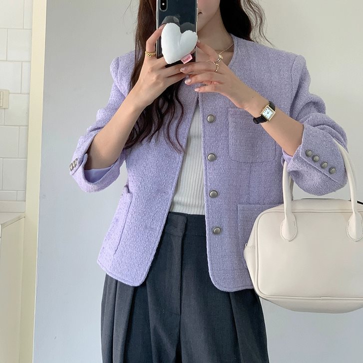 여성 가을 노카라트위드자켓 크롭트위드자켓 연보라 연노랑