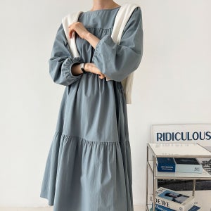 소라당일 코튼 캉캉 허리스트링 플레어 루즈핏 롱원피스