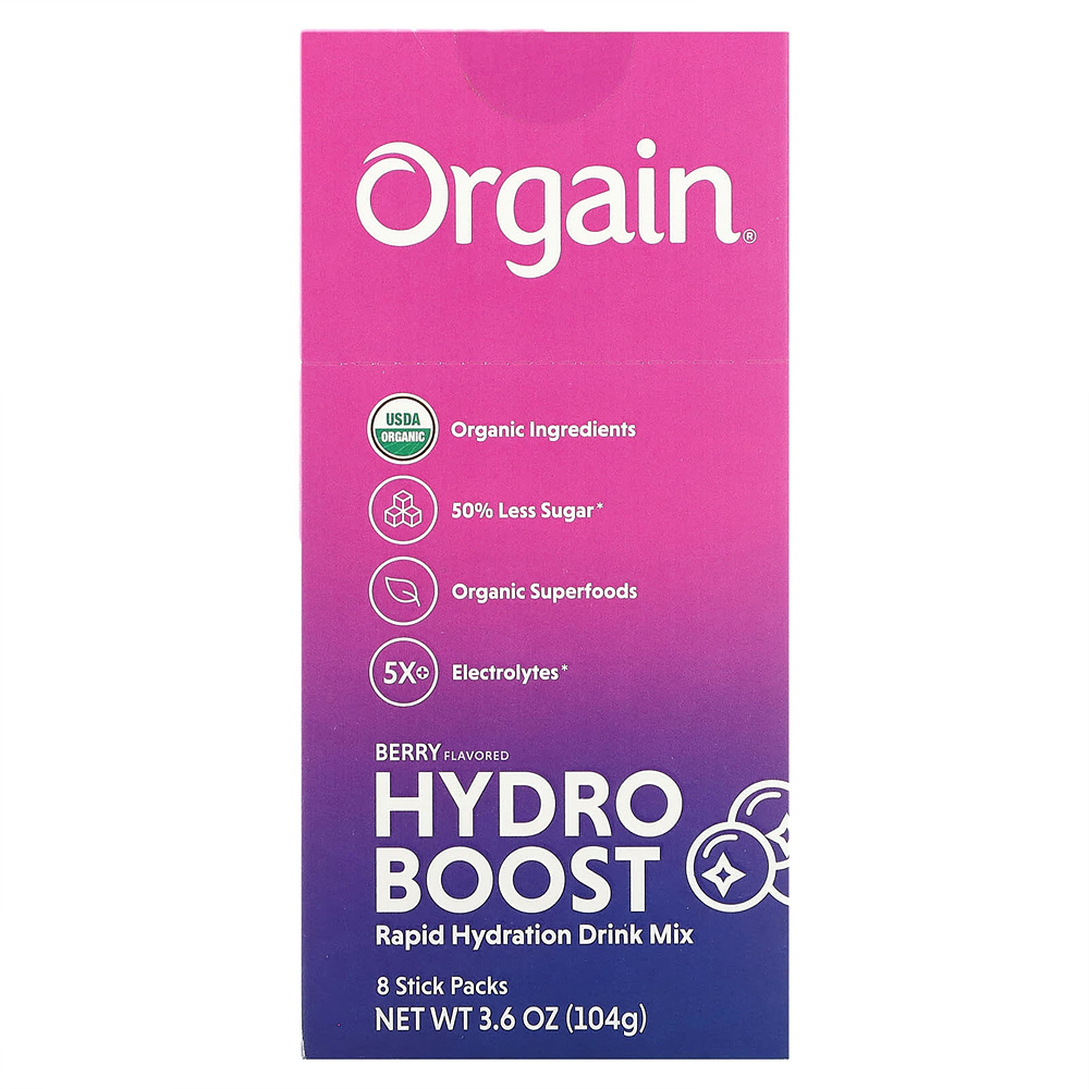 Orgain 하이드로 부스트 레피드 하이드레이션 드링크 믹스 베리 8 스틱팩 0.45 oz (13g)
