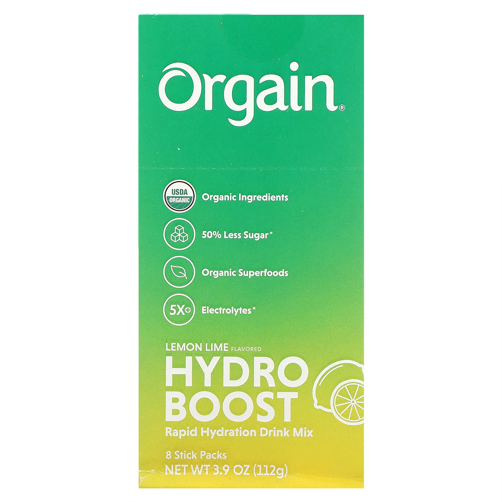 Orgain 하이드로 부스트 레피드 하이드레이션 드링크 믹스 레몬 라임 8 스틱팩 0.49 oz (14g)