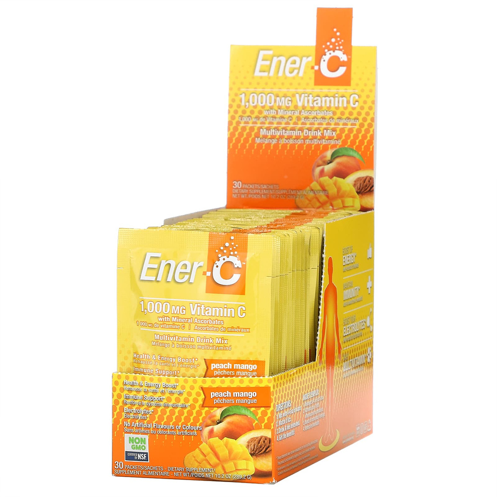Ener-C 비타민C 종합비타민 드링크 믹스 복숭아 망고 1000mg 30팩 각 9.64g(0.3oz)