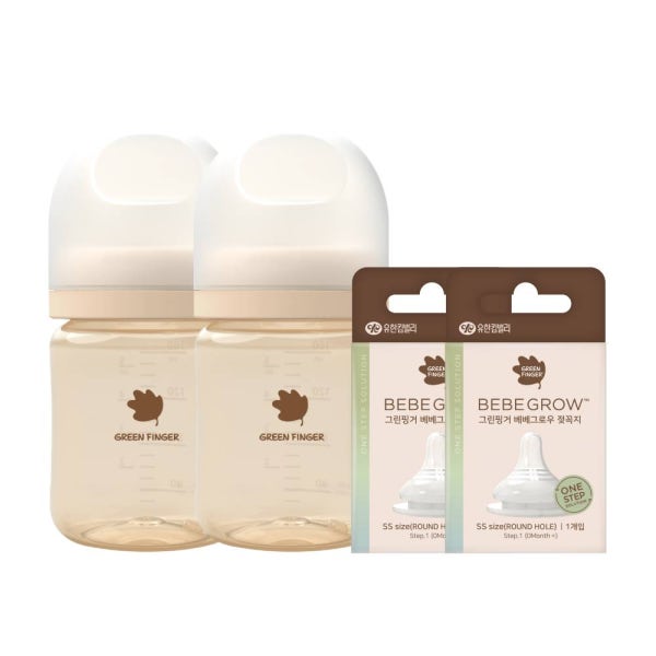 그린핑거 베베그로우 PPSU 젖병 트윈팩 크림&베이지 160ml (노꼭지)+젖꼭지 2개 세트 /유아, 신생아