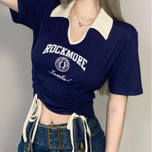 배색카라 브이넥 크롭 반팔티 셔링 스트링 스판 몸매보정 슬림핏 프리사이즈