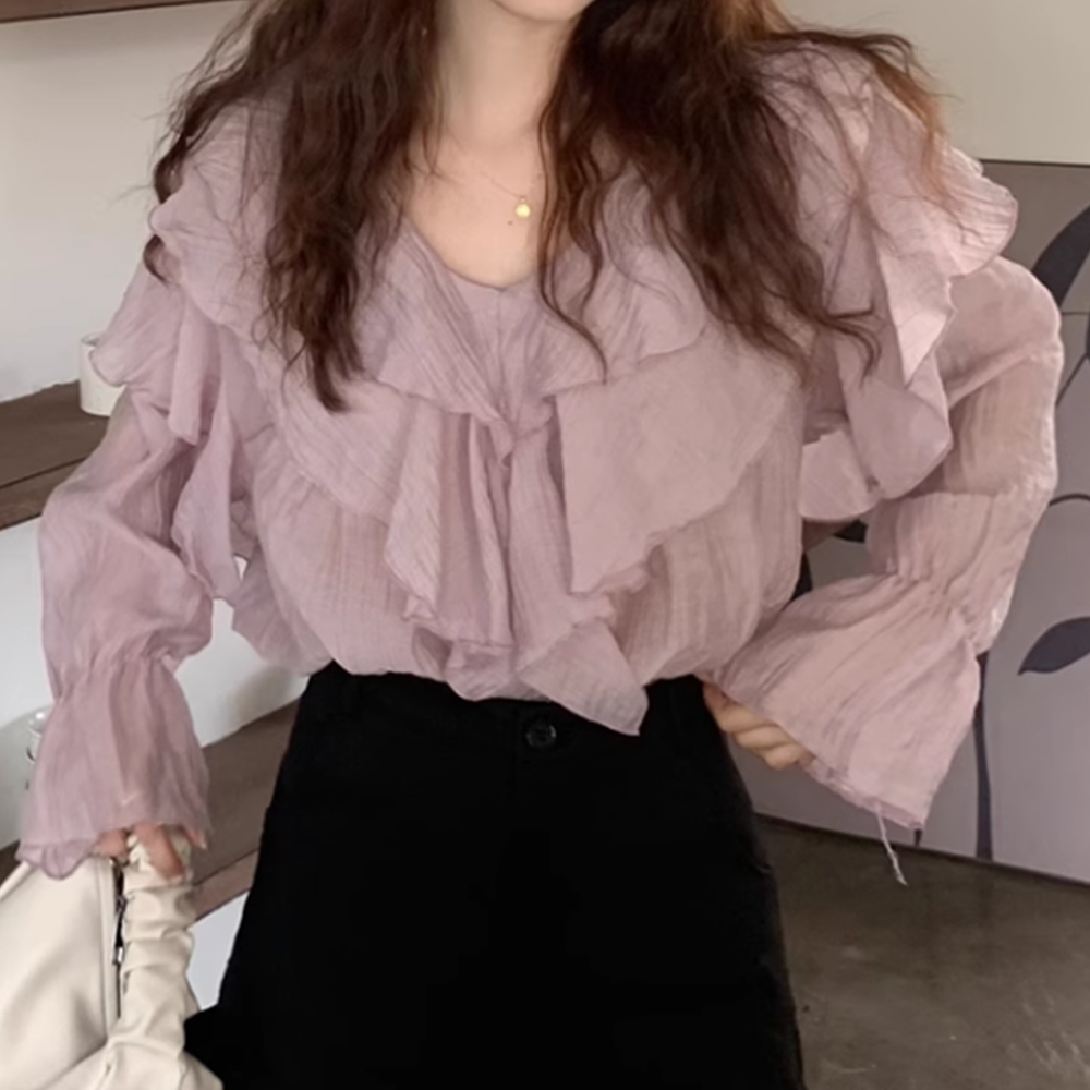 프릴블라우스 보라색 긴팔 하객룩 러플 블라우스