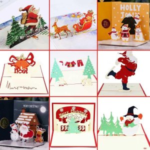 HILUCK 3D 팝업 크리스마스 인사 카드, 9개의 봉투 세트가 있는 핸드메이드 크리스 홀리데이용 - 특징 트리, 눈사람, 순록, 산타 및 벨