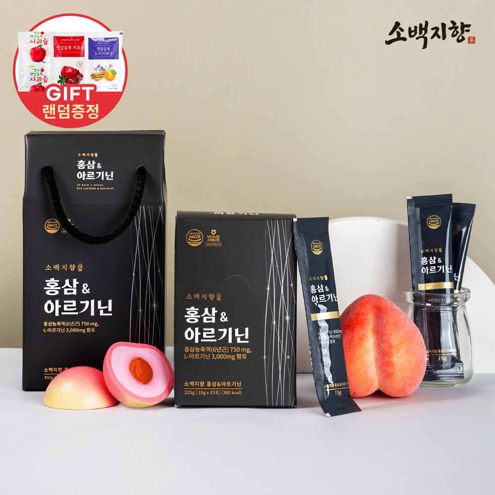 <b>소백지향</b> 6년근 홍삼 &amp; L-아르기닌 30포 에너지보충 선물세트(햇살듬뿍 건강즙 3팩동봉)
