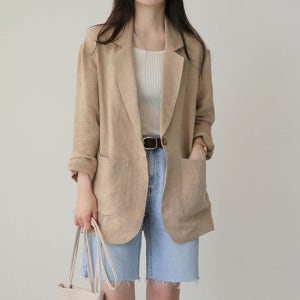 여성 린넨자켓 원버튼 여름 가을 기본 카라 긴팔 자켓