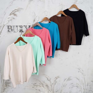 테사 캐시미어 브이넥 7부 여자 니트티