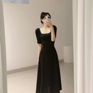 게릿 퍼프 밴딩 셔링 5부 소매 롱 플레어 골지 원피스