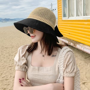 아워리빙 리본 메쉬 니트 모자 벙거지모자 라탄 버킷햇 밀짚모자