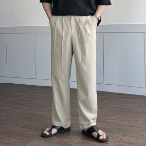 남자 린넨 핀턱 테이퍼드 와이드 핏 여름 슬랙스