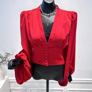 [VIVA] 24S 레드 딥브이 퍼프 블라우스