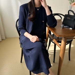 가을 원피스 가디건 세트 반팔 니트 롱 원피스 하객룩