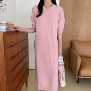 가을 원피스 7부 퍼프소매 메리노울 니트 롱 원피스 하객룩