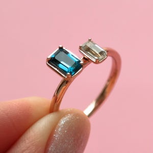 14K 18K 에메랄드컷 런던블루 토파즈 & 그린 쿼츠 반지