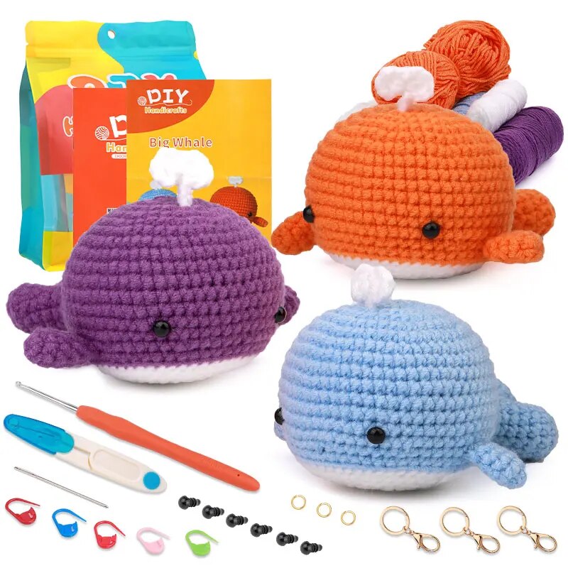 뜨개질 동물 수동 완성 팩 가방 애착인형 재료 비 DIY 모양 크로셰 뜨기 인형 고래