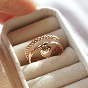 14k 18k 하트 통통 두줄 볼 애끼 검지 딸랑이 반지 - 우정 화이트골드 여자 금