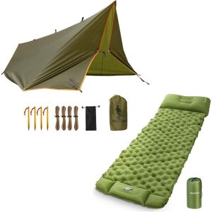 FREE SOLDIER 캠핑용 슬리핑 패드가 포함된 방수 휴대용 타프브라운 + 그린