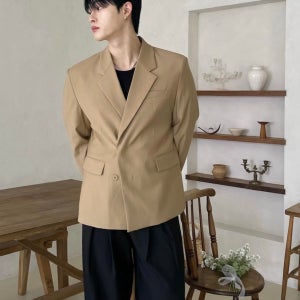 Ento 베이지 더블 블레이져 자켓 카라 투버튼 오버핏 블레이저 남자 간절기 재킷