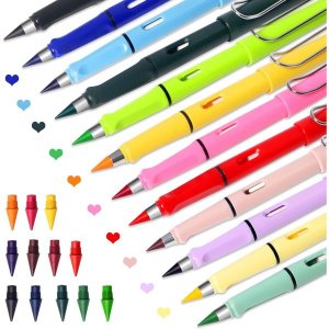 Frutasky 12가지 색상 삭제 기능이 있는 영원한 연필 - 교체 가능한 헤드가 12개 더 오래 지속되는 필기 인피니티 스케치 드로잉 학용품을 위해 잉크가 없는 연필을 절대 깎