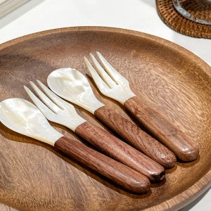 자개 스푼 포크 세트 우드손잡이 디저트 아이스크림 스푼 과일 포크 12.5cm