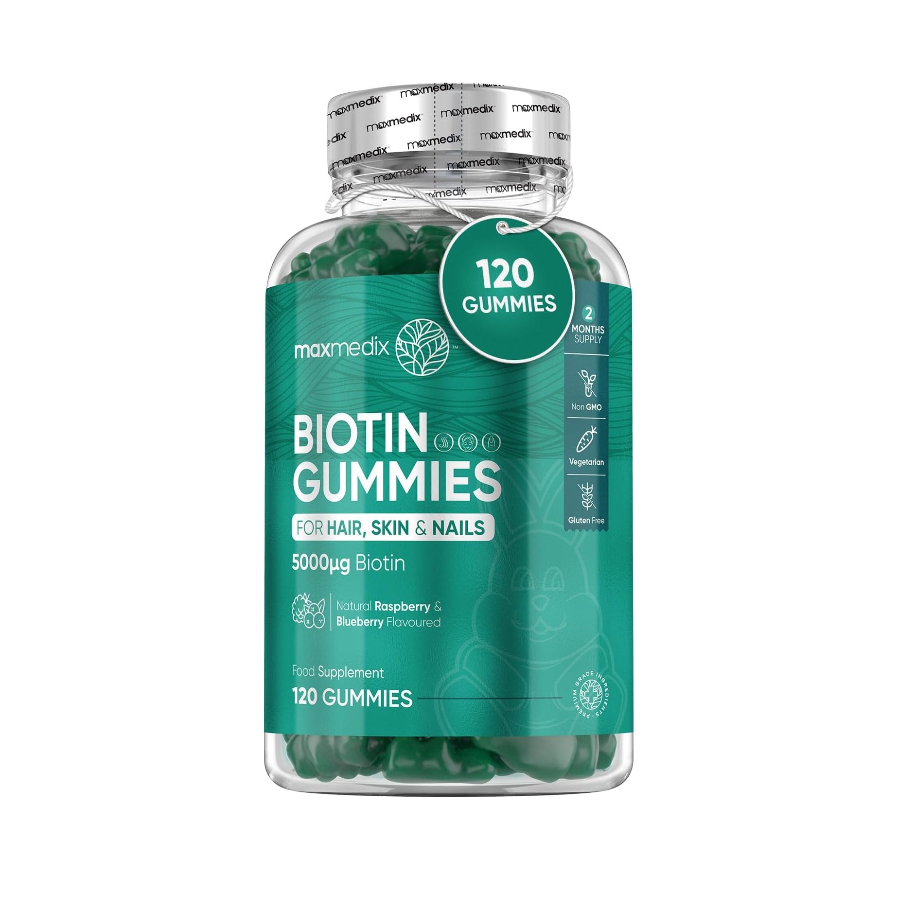 영국 maxmedix <b>비오틴 구미</b>젤리 <b>5000mcg</b> 120개 2개월분 베리맛 모발관리