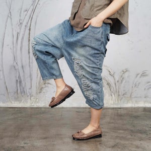 가로 찢청 힙플랩 빈티지 워싱 밴딩 청바지