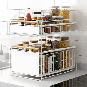 철제 슬라이딩선반 싱크대 하부장 정리 양념통 그릇 컵 레일선반 슬림 2단
