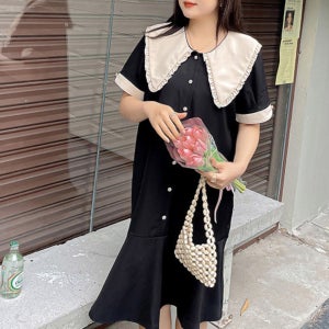 여성 카라원피스 반팔 롱원피스 청순 데이트 룩 10대 20대 블랙 단추 여름 귀여운