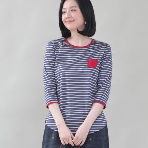 엄마옷 컬러풀 실켓면 멀티 스트라이프 여성 봄 여름 작은 주머니 칠부 티셔츠 A03455