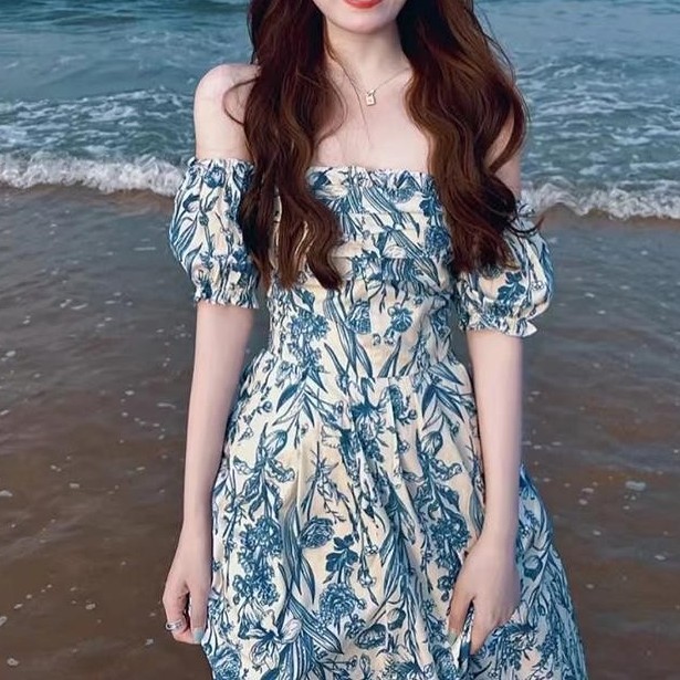 해외여행아이템 비치웨어 플라워원피스 쇄골라인 어깨노출 해변가원피스