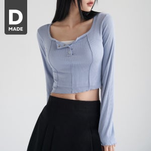 [1천장돌파][MADE] 빅사이즈 55-100 리사 버튼 절개 라인 크롭 긴팔 티셔츠