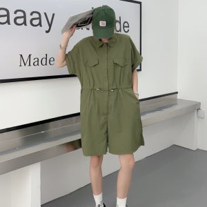카라넥 집업 포켓 아노락 점프슈트 여자 봄 여름 스트링 셔링 반팔 반바지 점프수트
