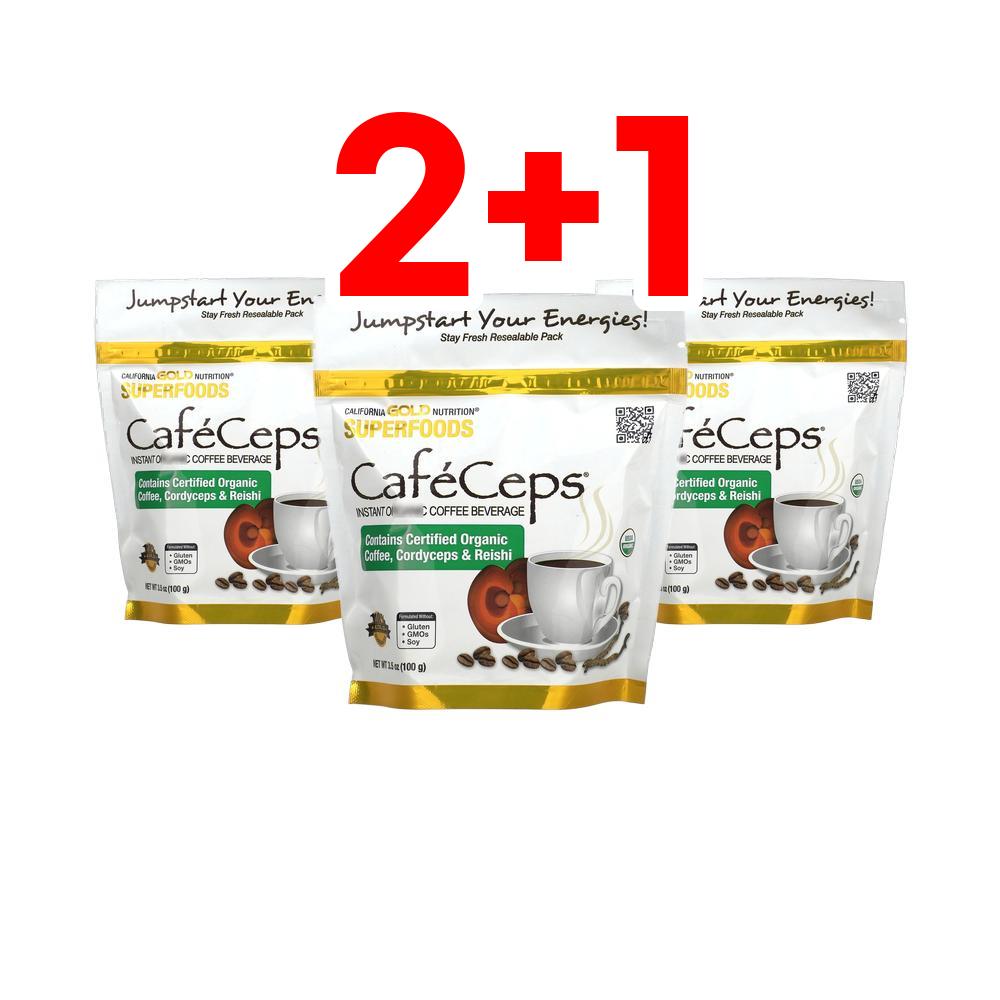 [2+1] 캘리포니아골드 <b>CafeCeps</b> 인스턴트 커피 동충하초 영지버섯 버섯 파우더 100g