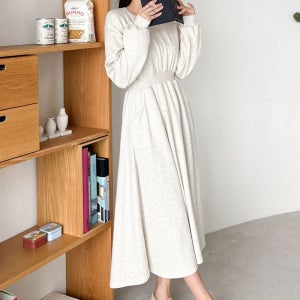 편안한 컴포트 맨투맨 롱 원피스 여성 봄 학생 쫀쫀한 허리 밴딩 라운드넥