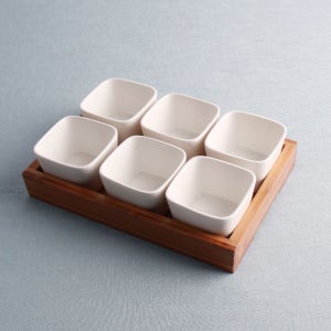 6분할 우드트레이세트 나눔접시 도자기 안주접시 나무받침접시 업소용그릇