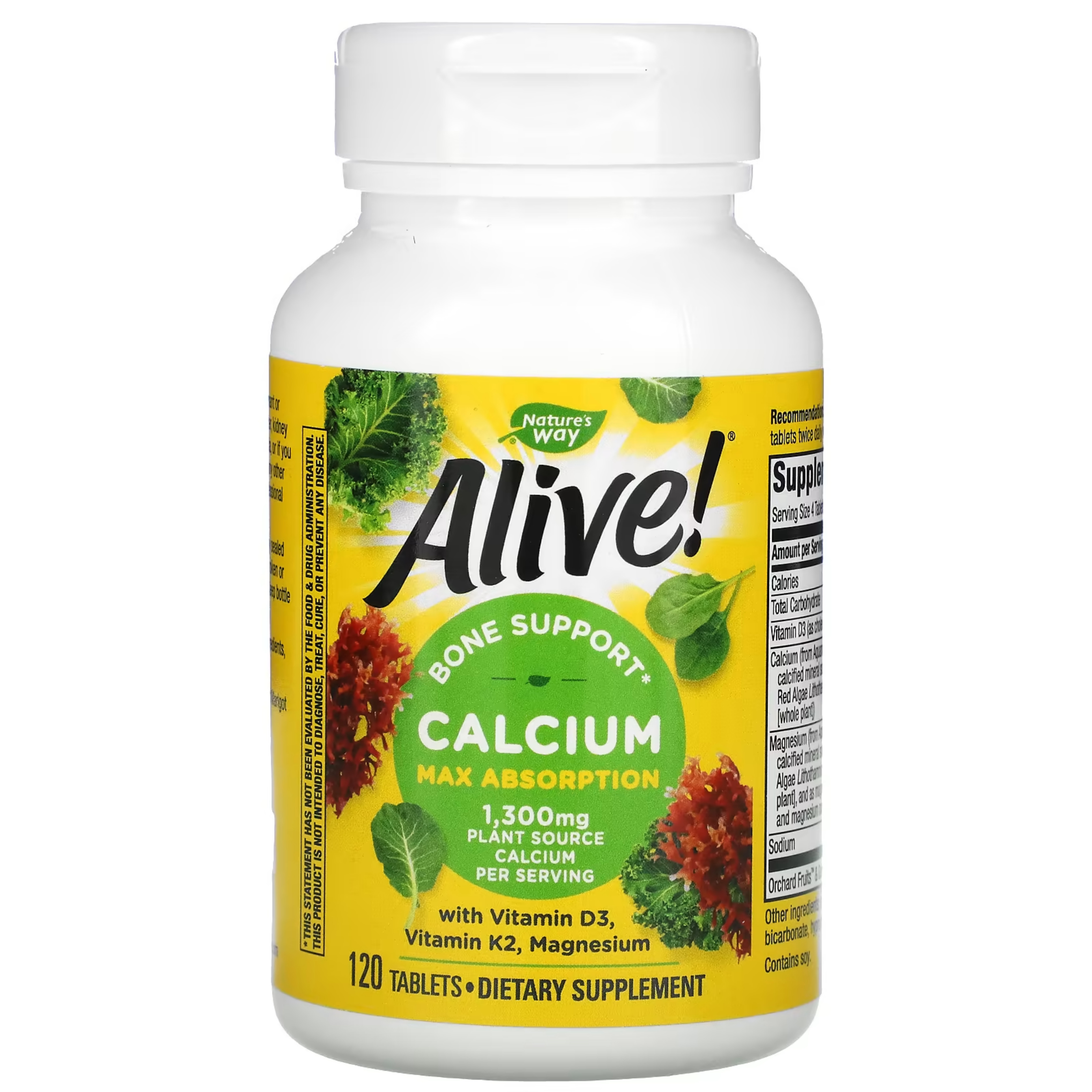 <b>Natures Way</b> Alive 칼슘 <b>뼈</b> 지원 1,300mg 120정 홍조류 해초 추출물