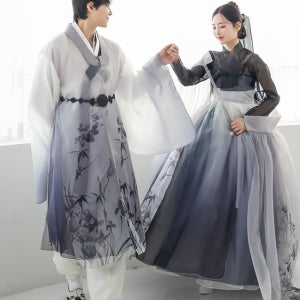 [한복대여 ] 시스루 그라데이션 블랙스완 꽃무늬 다크그레이 커플한복