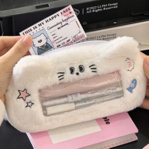 힐끔 투명창 동물 필통 귀여운 고양이 애착 인형 선물 새학기 사진 펜 파우치 핑크