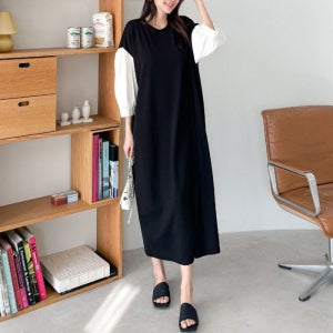 LND 샤벳 퍼프 롱 원피스 여성 봄 여름 빅사이즈 퍼프 치마 루즈핏