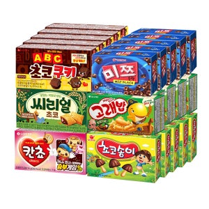 롯데 칸쵸 54g+씨리얼 초코 42g+ABC 에이비씨 초코쿠키 50g+미쯔블랙 60g+초코송이 50g+고래밥 46gx각5개(총30개)