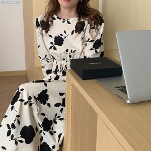 헤이즐 유니크 플라워 맥시 스모크 롱원피스 2color 봄 가을 허리밴딩 퍼프 제이플로우