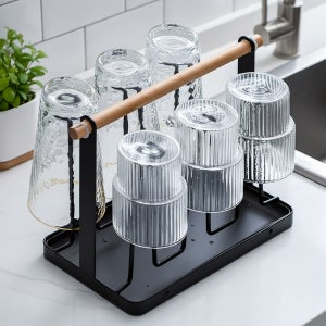 컵걸이 컵거치대 컵정리대 텀블러 컵꽂이 우드 건조대 진열대 물받이 6구